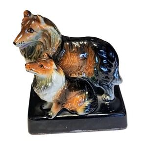 🐶 VINTAGE CERAMIC COLLIE DOG MOTHER & PUPPY FIGURINES HIGH GLOSS FINISH JAPAN